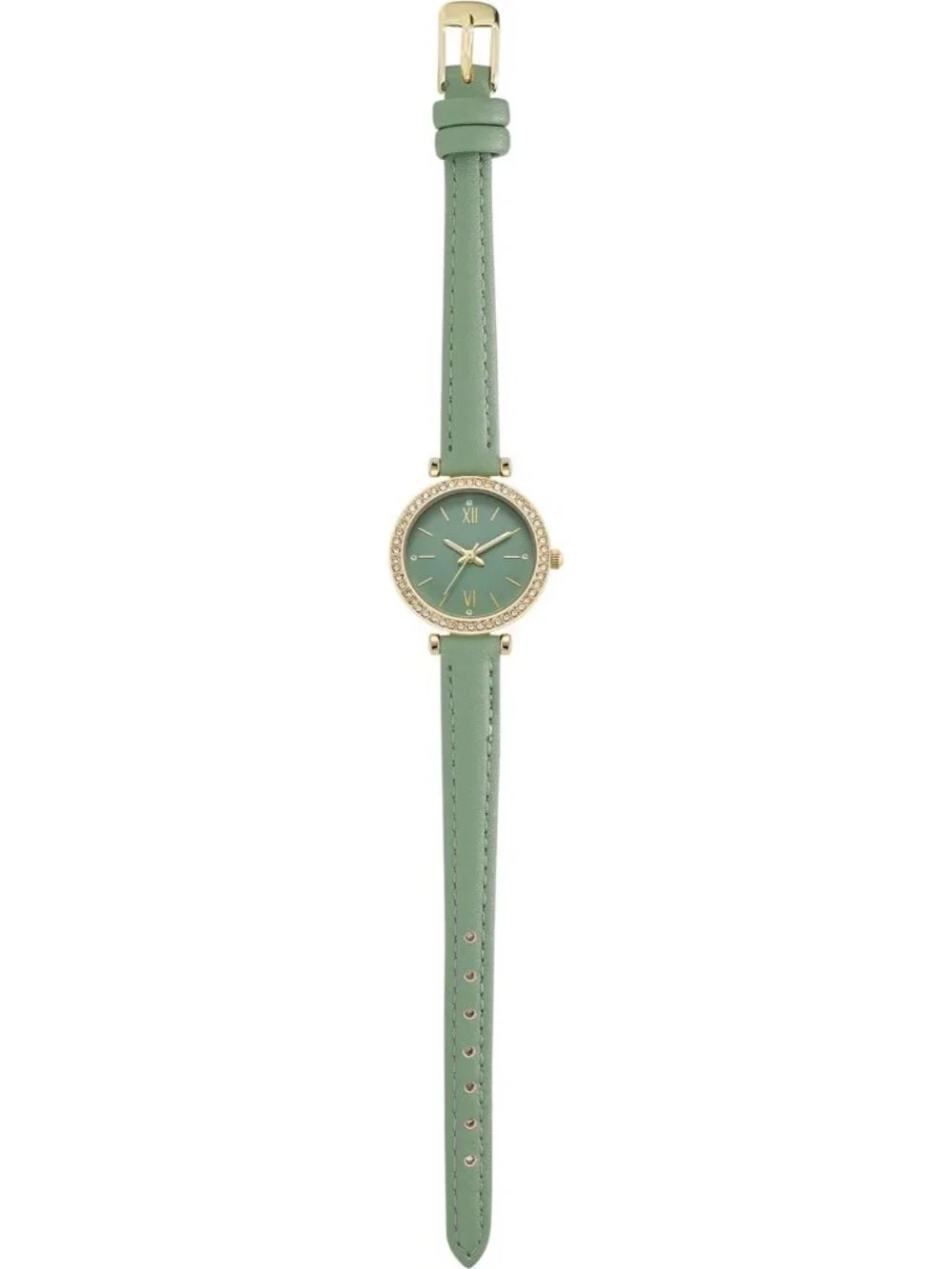 Women's Green Analog Quartz Leather Band Crystal Rhinestone Bezel Wrist Watch